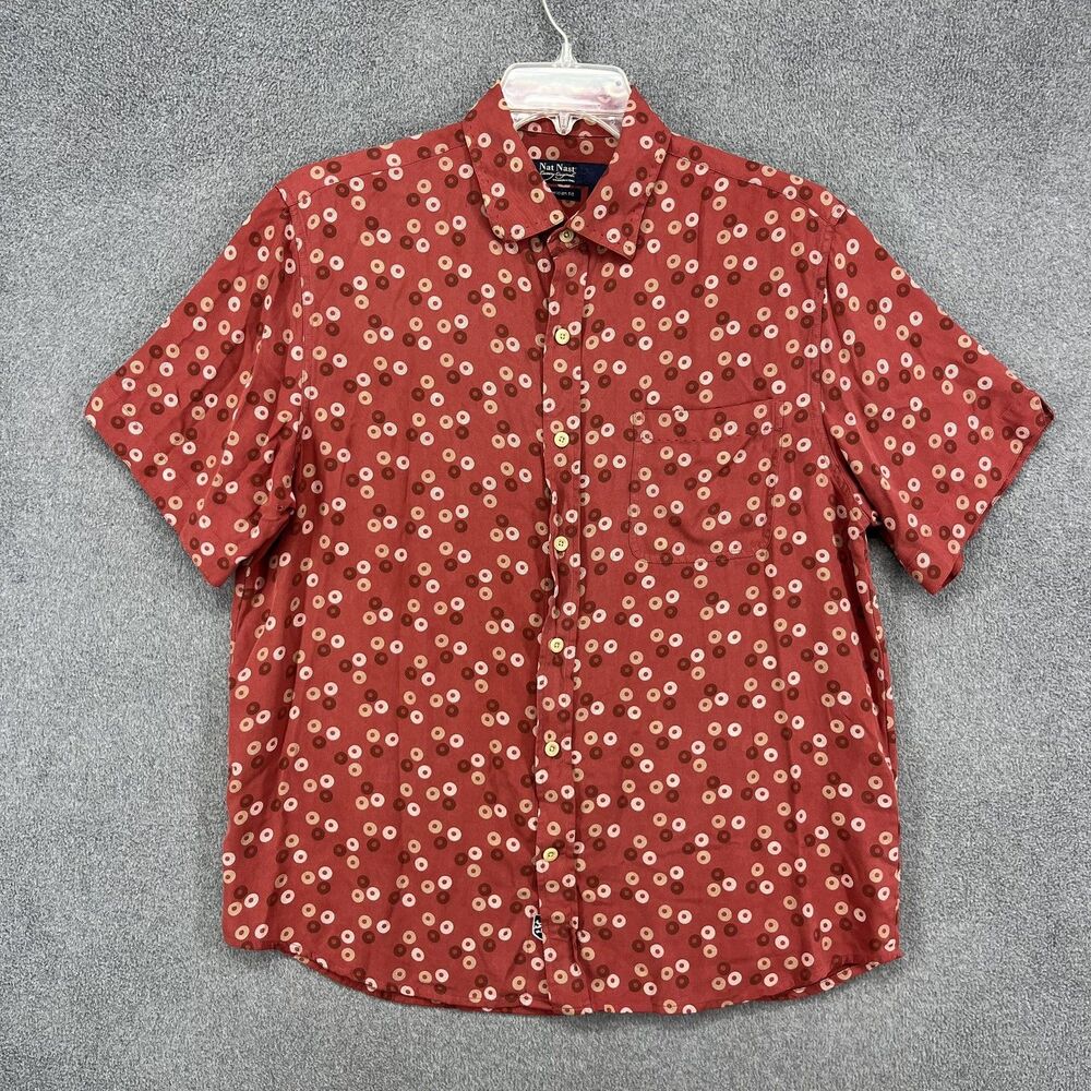 Nat Nast Shirt Mens Medium Cabernet Red Silk Retro 90' American fit Circle Dot‎